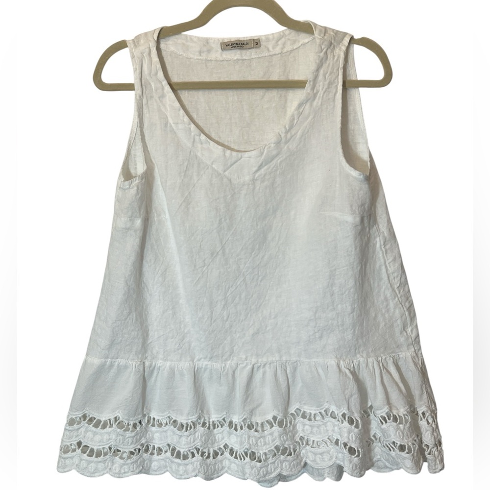 Valentina Naldi Italy Women's Linen Sleeveless Tank Size M White Lace Babydoll